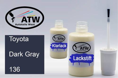 Toyota, Dark Gray, 136: 20ml Lackstift + 20ml Klarlack - Set, von ATW Autoteile West.